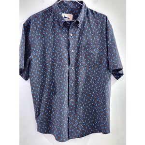 Huk Fishing Mens Medium Gray Blue Lure Print Short Sleeve Button Down Shirt M